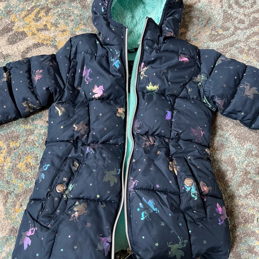 Super cute Limited Too navy puffer coat with iridescent unicorns 4T